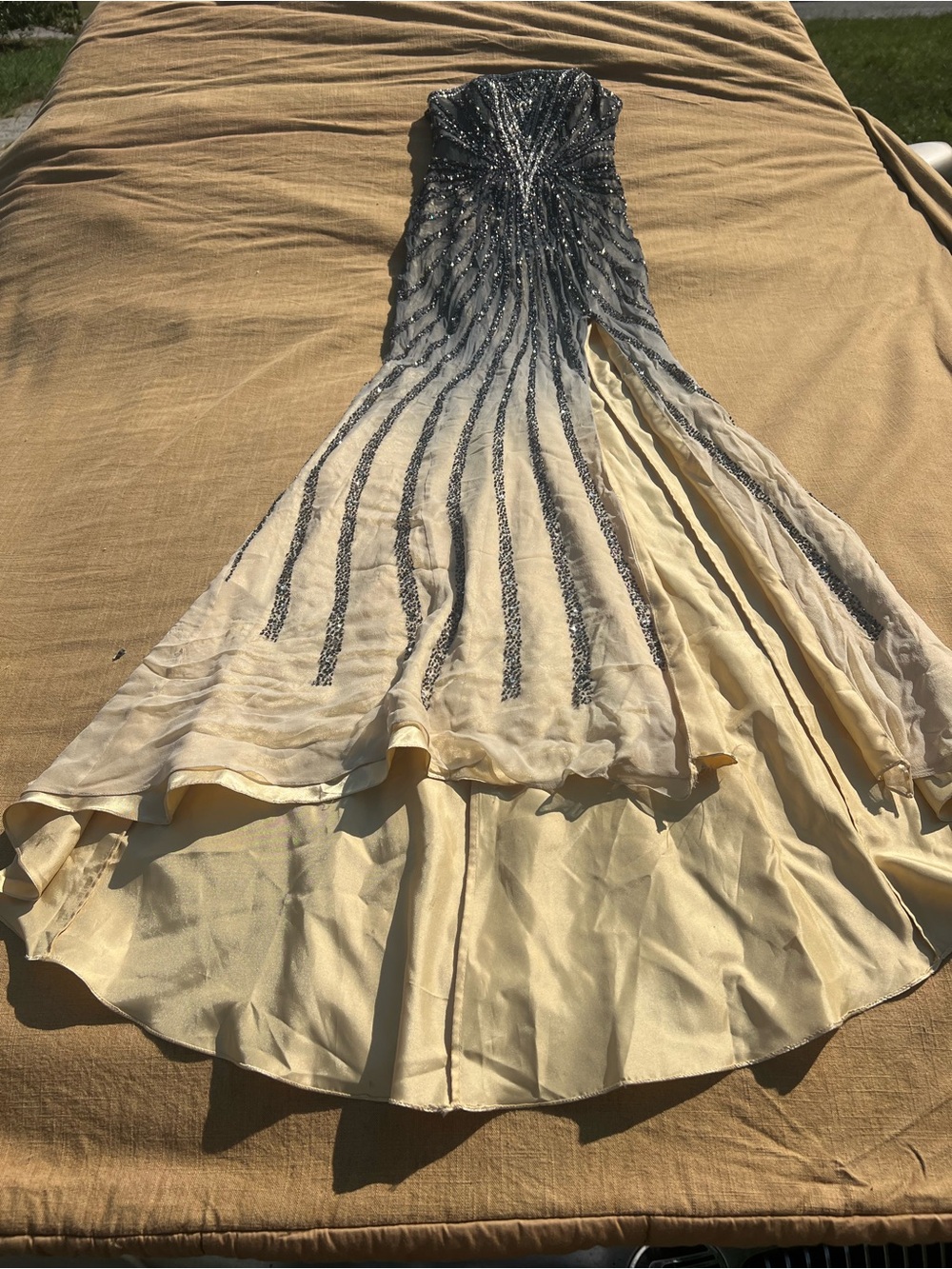 Riva Designs Silk Strapless Beaded Ombre Formal Gown in Black and Champagne